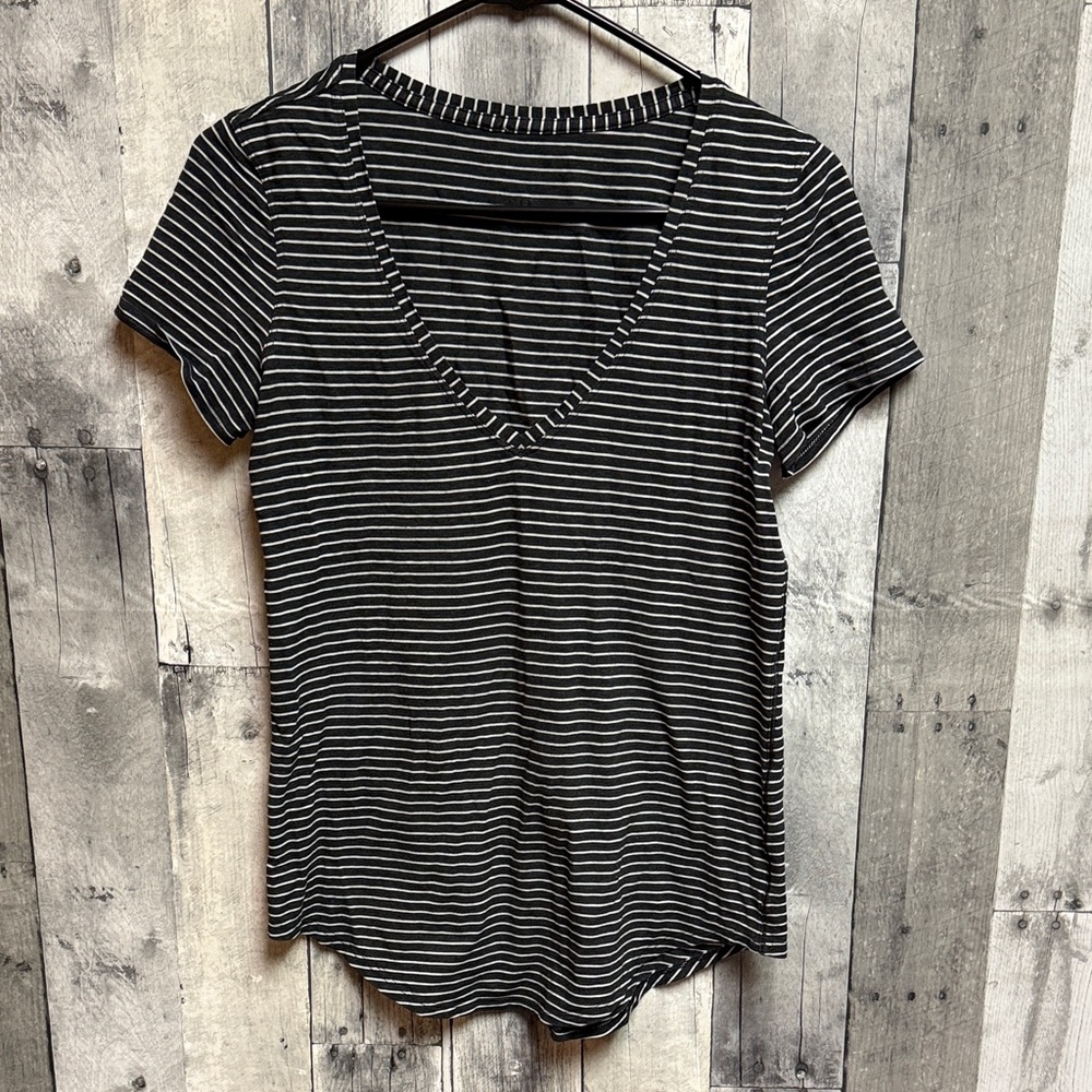 Lululemon Athletica Black and White Striped V-Neck Tee